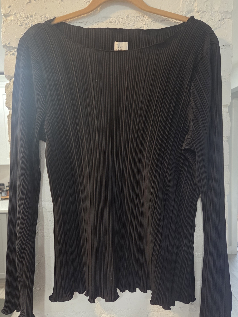 NWT - a new day Black Plisse Pleated Top with Ruffled Cuffs Neckline and Hem